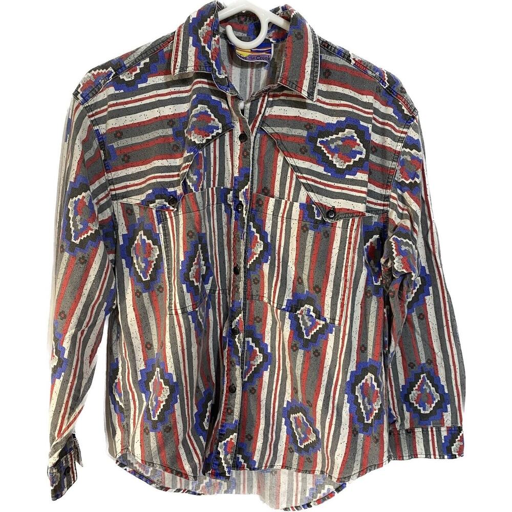 Vintage Cricket By The Creek Aztec Button Up Medium Womens Shirt Blue Gray Red